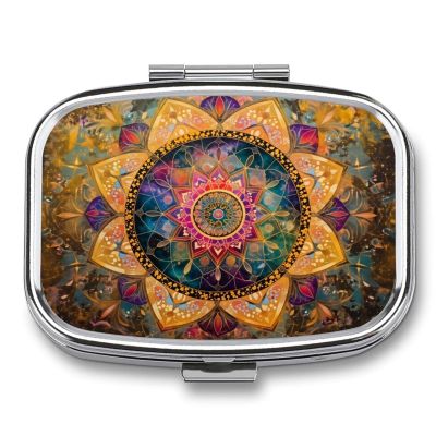 Vibrant Bohemian Mandala Square Pill Box Metal 2.2x1.6 Inch,Medicine Storage Case Compact Travel Pill Organizer Pocket Pill Container for Daily Medication Vitamins Pills