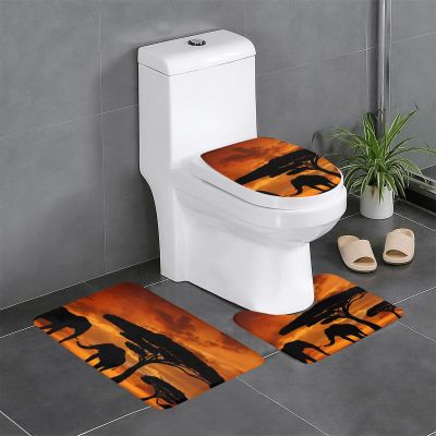 Cwzogyuf Mother and Baby African Elephant Sunset Shadow 3pcs Flannel Bathroom Mat Set, Soft Absorbent Floor Mats for Bathroom One Size