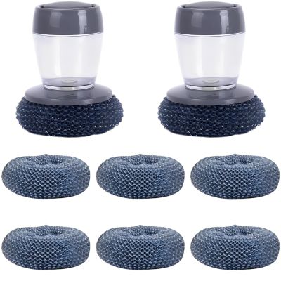2 Pcs Automatic Soap Dispensing Dish Brush Set, with 6 PET Replacement Heads, Steel Wire Scrubber for Pots, Pans, Sinks, Tiles, Non-Scratch Cleaning Tool, 3.5 x 3.9 in / 9 x 10 cm
