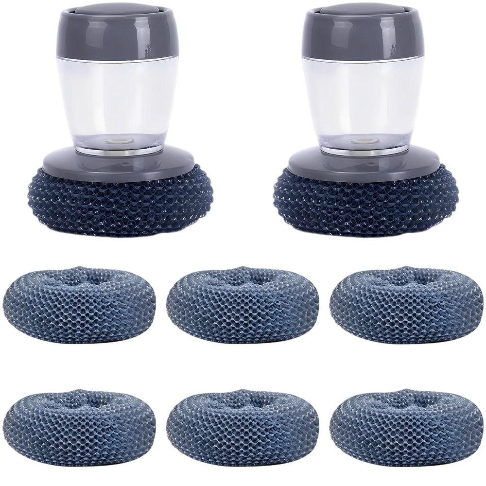 2 Pcs Automatic Soap Dispensing Dish Brush Set, with 6 PET Replacement Heads, Steel Wire Scrubber for Pots, Pans, Sinks, Tiles, Non-Scratch Cleaning Tool, 3.5 x 3.9 in / 9 x 10 cm