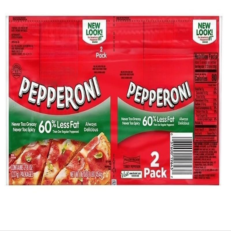 Turkey Pepperoni , Add the finishing touch to your pizza, salad or lunch box with Pepperoni. Made from salty, zesty turkey with 70% less fat, this lunchtime staple tastes great however you decide to serve it. [ 16 oz m, 1 lb ] 2 PK
