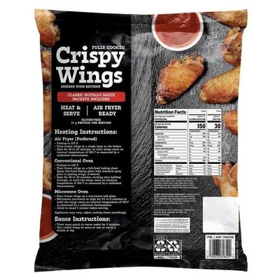 Crispy Chicken Wings with Classic Buffalo Sauce, Fully Cooked Frozen Wings, Spicy & Tangy Flavor, Delicious chicken wings with a crispy texture and coated in classic buffalo sauce for the perfect spicy kick, Fully cooked wingsjust bake, air fry, or