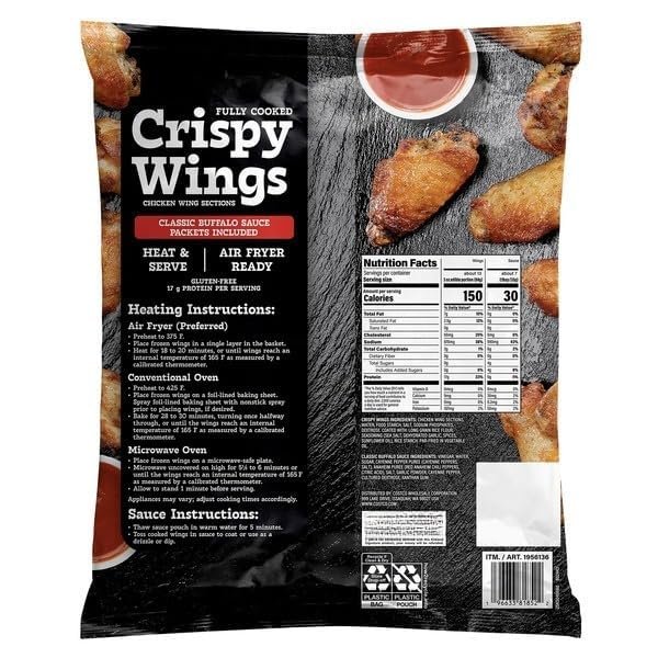 Crispy Chicken Wings with Classic Buffalo Sauce, Fully Cooked Frozen Wings, Spicy & Tangy Flavor, Delicious chicken wings with a crispy texture and coated in classic buffalo sauce for the perfect spicy kick, Fully cooked wingsjust bake, air fry, or