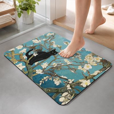 PUXTKE DAZQW Bath Mat,Diatomaceous Earth Shower Mats Black Cat on Branches Non-Slip Bathroom Rug Absorbent Quick Drying Diatomite Stone Door Mat,16x24in Oil Style Cute Kitty Washable Doormats