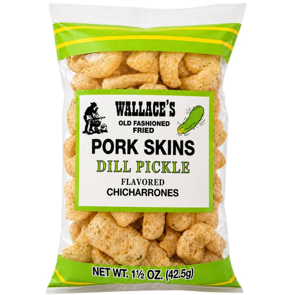 Wallace Old Fashioned Fried Pork Skins, Dill Pickle Chicharrones (Dill Pickle, 24 Count) | Curated by Riega Snacks