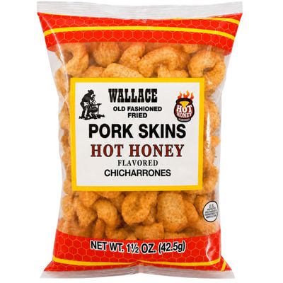 Hot Honey Pork Skins, Wallace Old Fashioned Chicharrones, (Hot Honey, 24 Count) | Curated by Riega Snacks