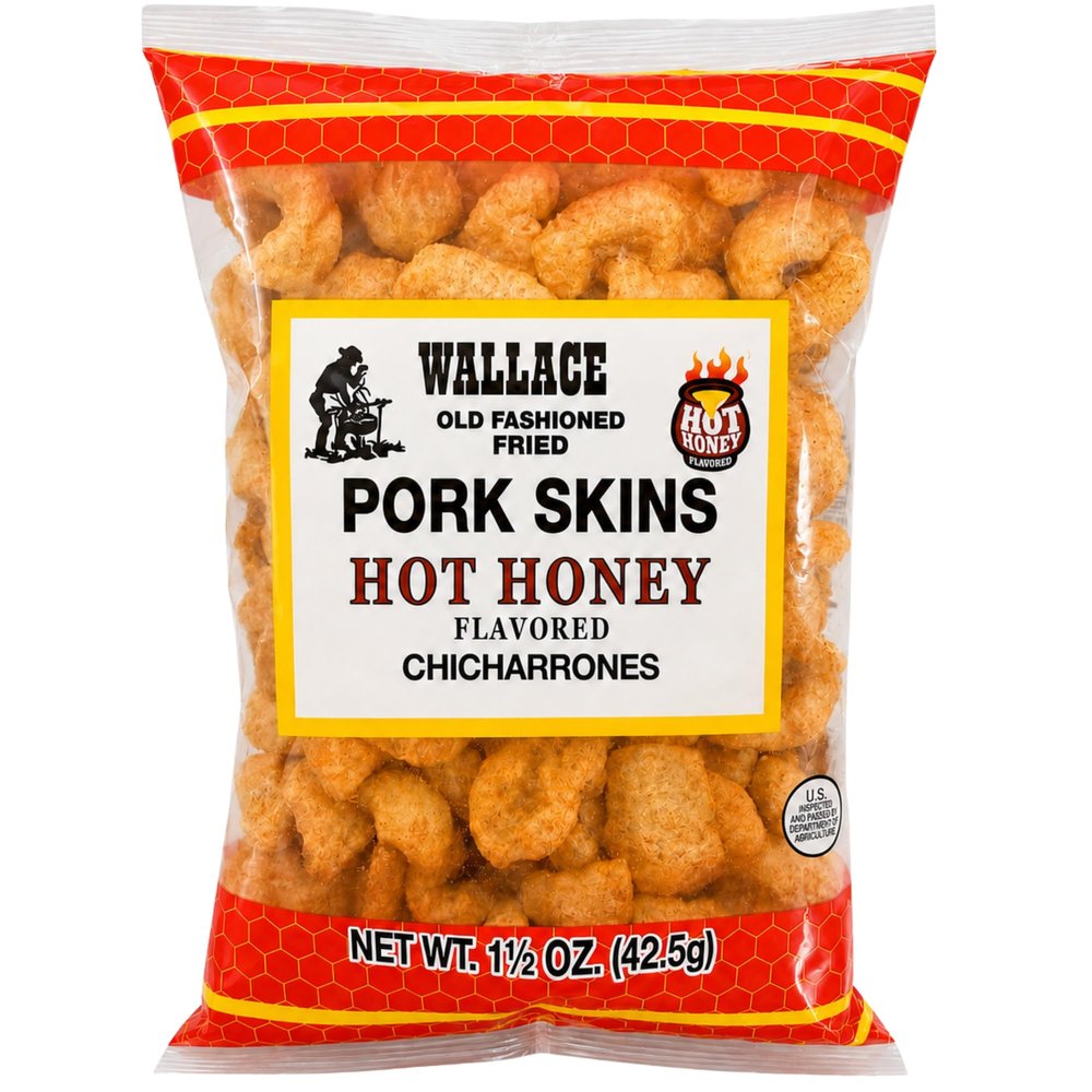Hot Honey Pork Skins, Wallace Old Fashioned Chicharrones, (Hot Honey, 24 Count) | Curated by Riega Snacks