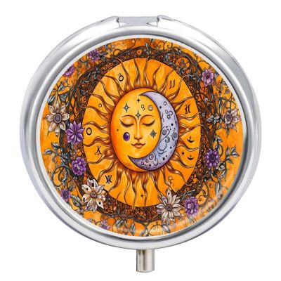 Mystical Sun and Moon Round Pill Box with Mirror, Portable 3 Compartment Medicine Case Travel Vitamin Holder Compact Tablet Storage Container for Purse Pocket Daily Use