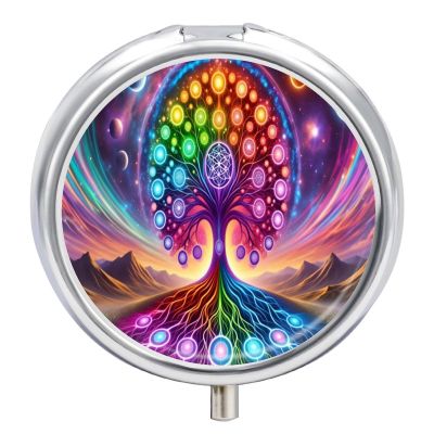 Mandala Tree of Life Sun & Moon Round Pill Box with Mirror, Portable 3 Compartment Medicine Case Travel Vitamin Holder Compact Tablet Storage Container for Purse Pocket Daily Use