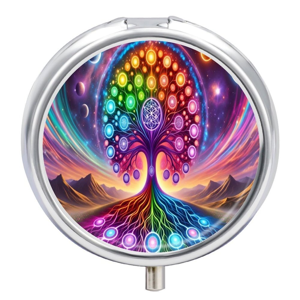 Mandala Tree of Life Sun & Moon Round Pill Box with Mirror, Portable 3 Compartment Medicine Case Travel Vitamin Holder Compact Tablet Storage Container for Purse Pocket Daily Use