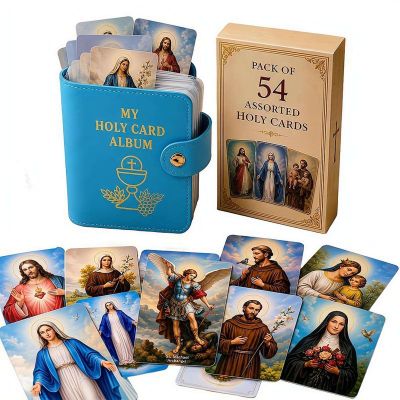 Prayer Card Holder with 54 Prayer Cards, Catholic Faux Leather Holy Card Organizer Holder, Pocket Prayer Card Organizer with Snap Closure, Gift for Religious and Memorial Use