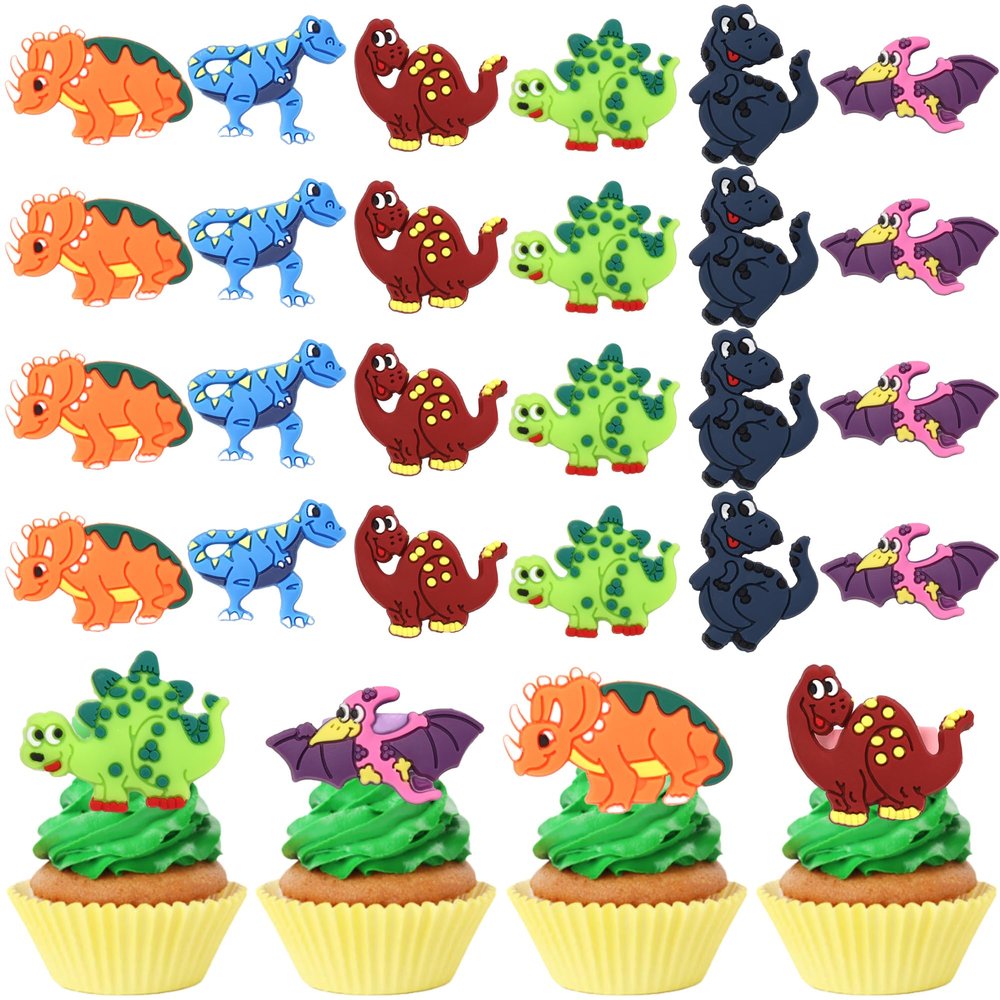 24 PCS Dinosaur Cupcake Rings Toppers Multi Soft Dinosaur Birthday Cupcake Decorations Dino Cupcake Toppers for Baby Shower Wedding Birthday Party Favors Cake Decorations Supplies