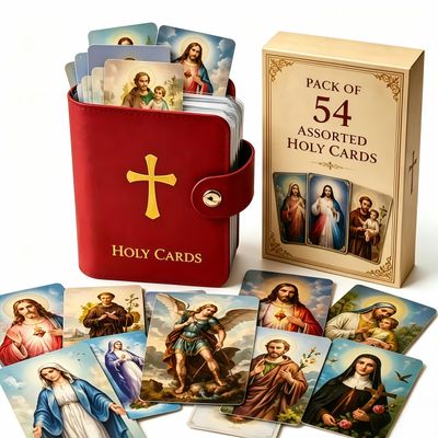Prayer Card Holder, Holy Card Holder Book with 54 Prayer Cards, Faux Leather Pocket Holder with Snap Button Closure, Catholic Religious Keepsake for Prayer, Memorials and Spiritual Gifts (Red)