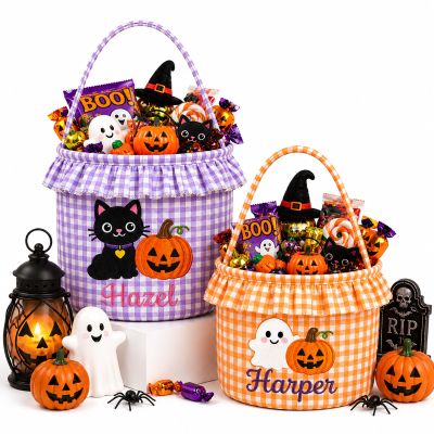 OAEUQ Personalized Halloween Candy Blue For Kids Children'S Embroidered Name Candy Bucket