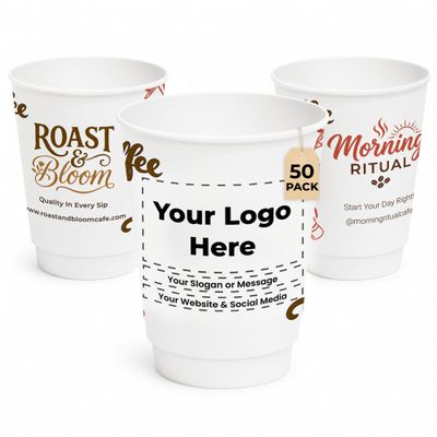 Custom Paper Cups, Add Logo or Text, Double Wall, 12 oz, 50 Pack