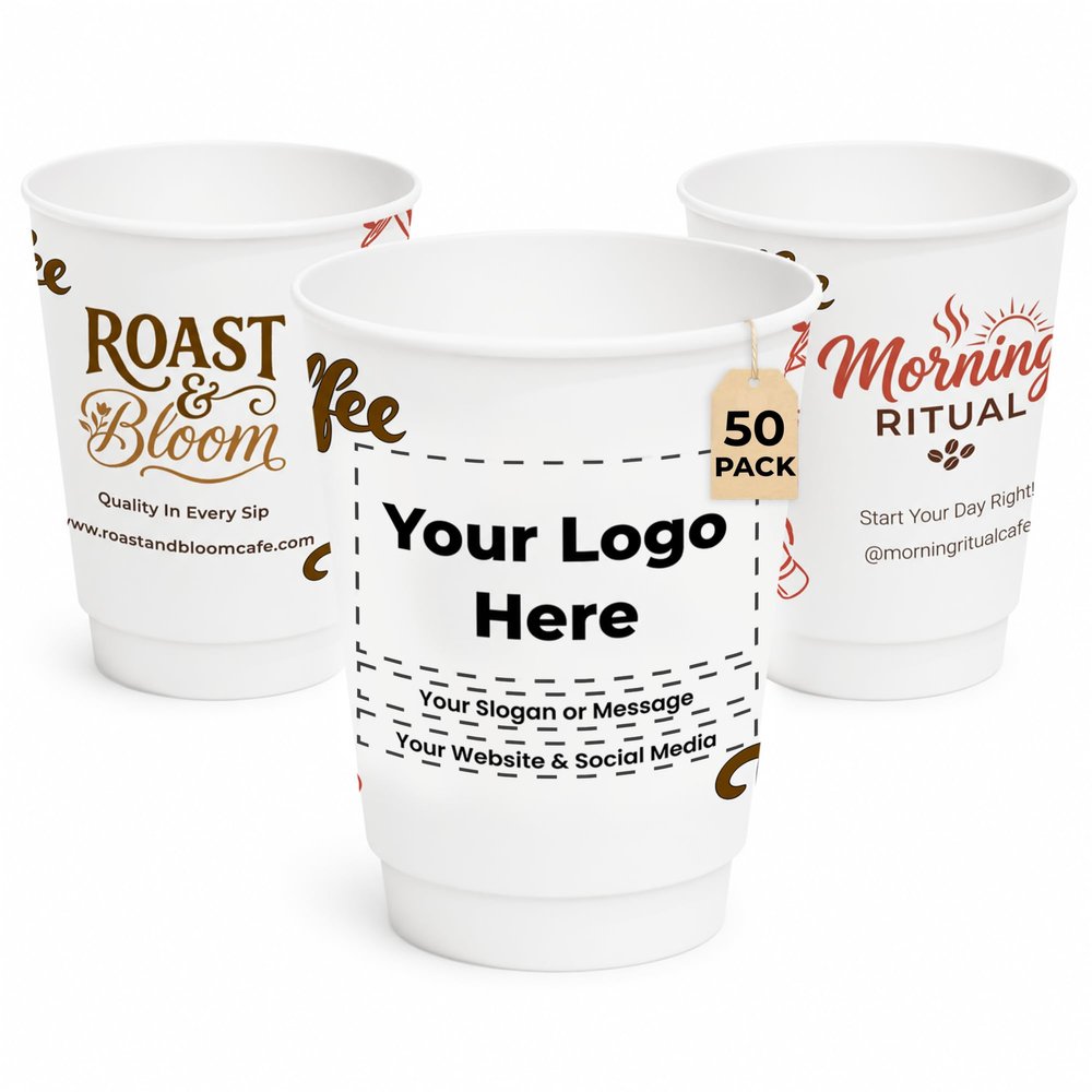 Custom Paper Cups, Add Logo or Text, Double Wall, 12 oz, 50 Pack