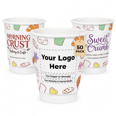 Custom Paper Cups, Add Logo or Text, Double Wall, 10 oz, 50 Pack
