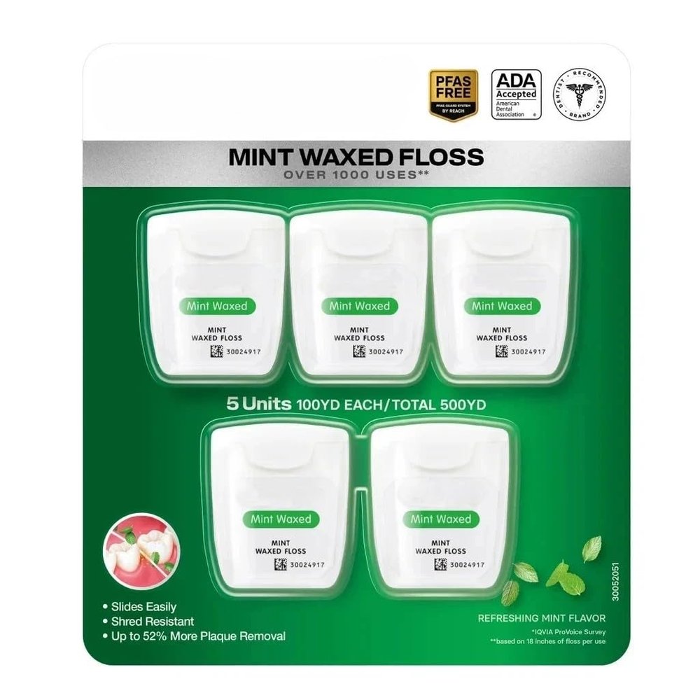 Mint Waxed Dental Floss, PFAS Free, ADA Accepted, 500 Yards, Pack of 5
