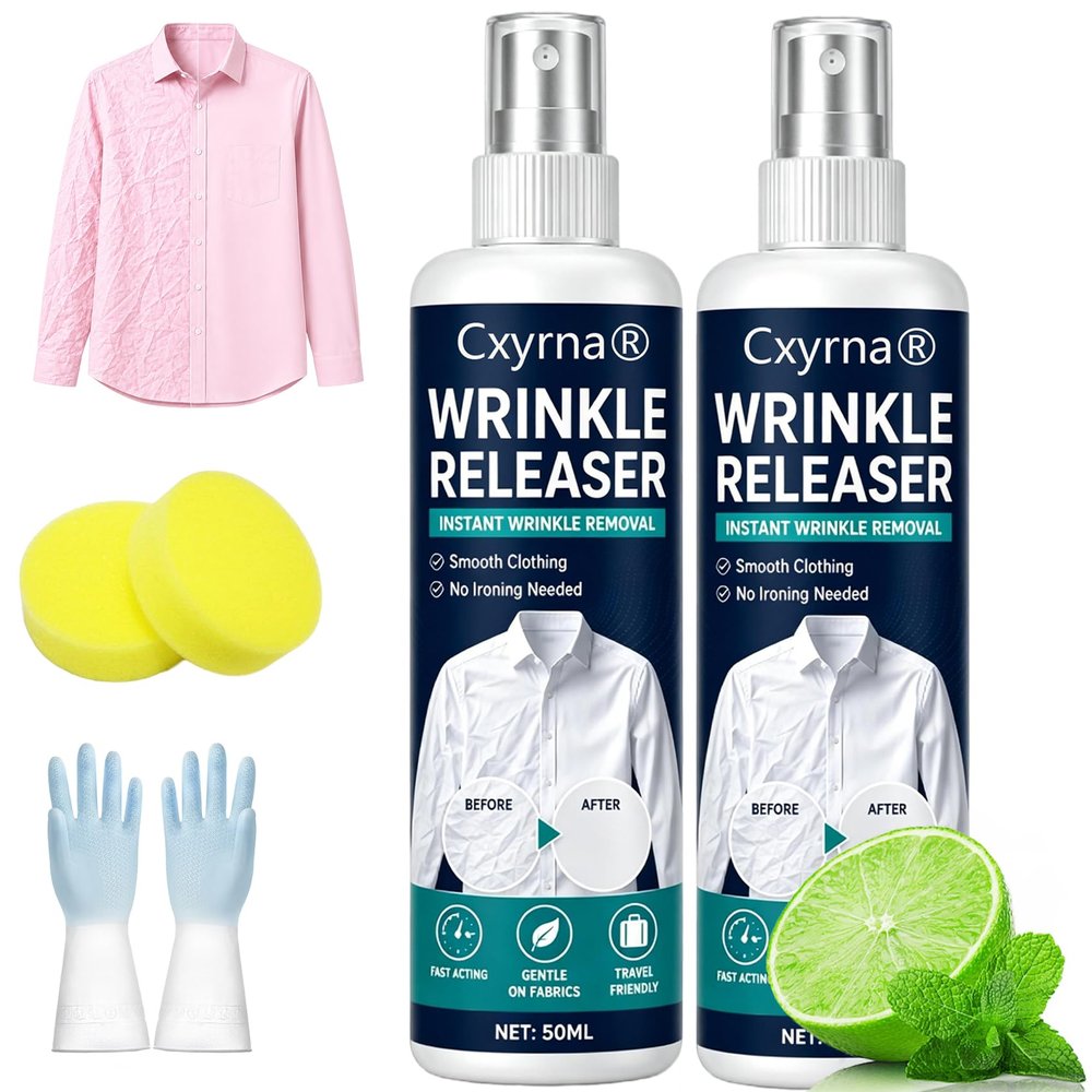 Cxyrna 100ml Instant Wrinkle Releaser Spray Smooths Creases in Seconds, Portable Fabric Wrinkle Release Spray Travel Size, No Iron Clothes Spray for Shirts, Dresses, Suits & Bedding (100ml-2PCS)