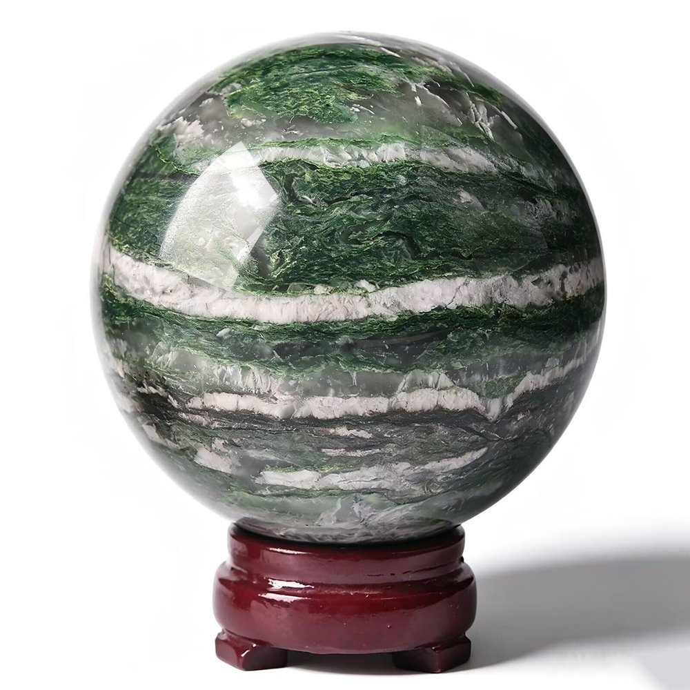 Moonstone Sphere Polished Rock Ball Healing Crystal Stone Sphere with Stand for Reiki Meditation Home Decor Chakra Balancing Witchcraft(African Jade,80-90MM)