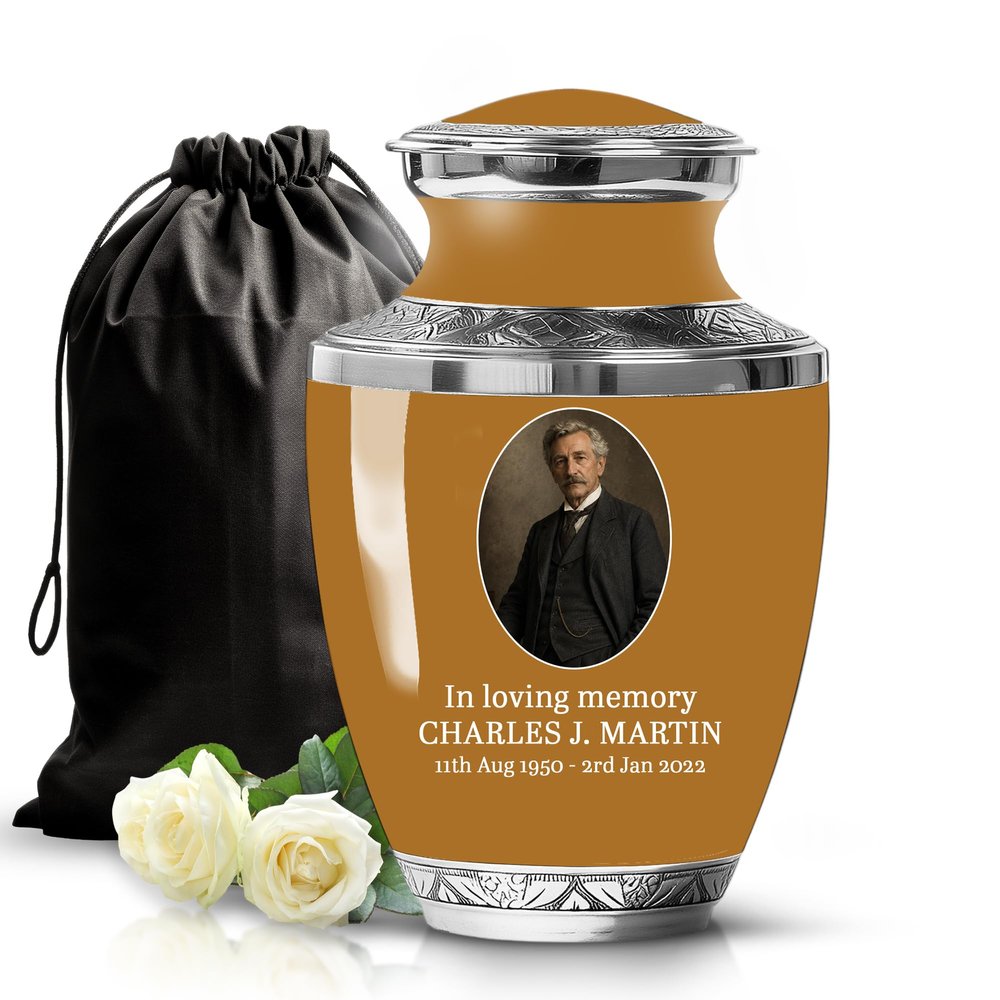 Custom Brown Urn for Ashes Image Personalized Urn 10 Inch Large