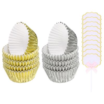 METALLIXITY Foil Cupcake Liners 200Pcs with 10Pcs Cake Toppers, Metallic Cupcake Wrappers, Disposable Baking Cups for Standard Size Cake Paper Cases - for Birthday Wedding Party, Silver/Gold