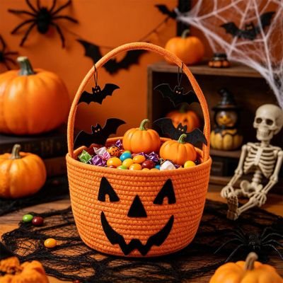 Halloween Pumpkin Shaped Handbag,Woven Rope Pumpkin Candy Basket, #B