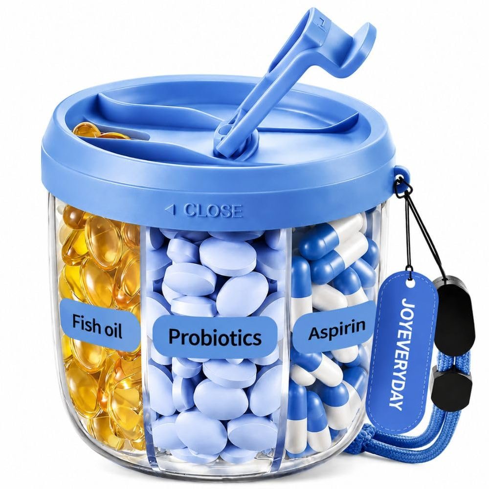 Pill Bottle Organizer, Pink 7 Vitamin Organizer Large Compartment Compact Bottle Travel Essential Anti-Mix Design, Portable Dispenser Home Use, Daily Storage with Sticker Label (Blue)