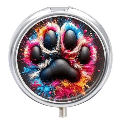 Colorful Dog Paws Travel Pill Organizer with Mirror Design 3-Compartment Round Pill Box for Purse, Pocket Metal Medicine Case for Vitamins, Supplements, Portable Small Pillcase