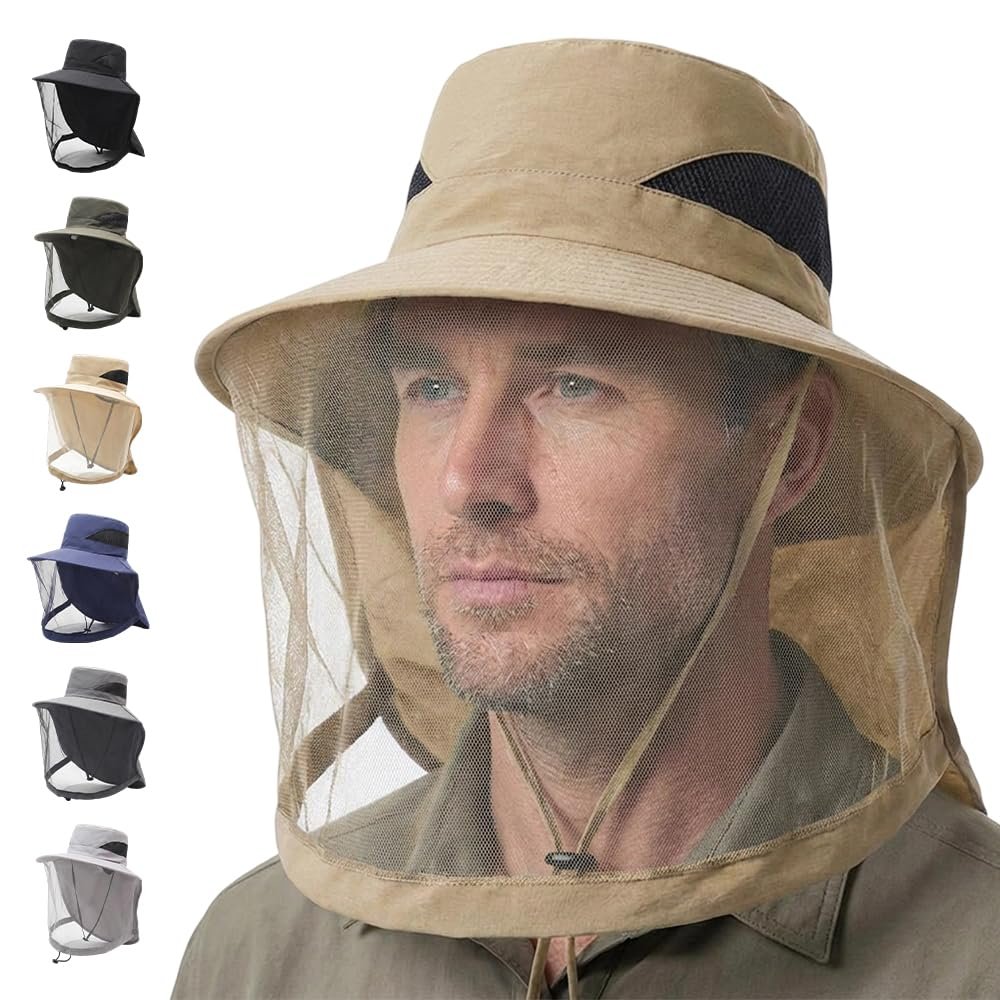 Spwejsr Mosquito Hats with Netting, Bug Proof Sun Hat with Hidden Net for Men Women, Wide Brim Bucket Hat for Fishing Hiking Camping Gardening (Khaki)