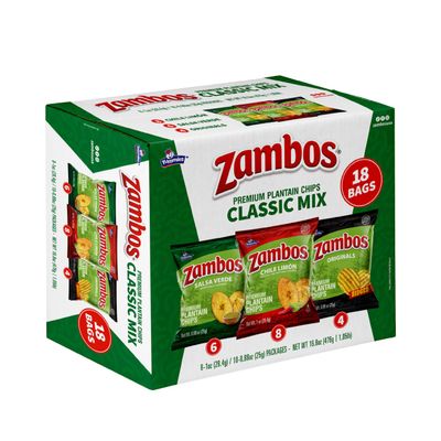 Zambos Plantain Chips Classic Mix, Thick-Cut, Large Plantain Chips Variety Pack, Chile Limon, Salsa Verde, Original, 1 oz (Pack of 18)