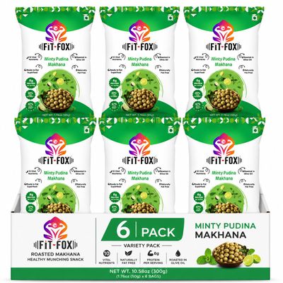 FIT FOX Minty Pudina Makhana, Pack of 6 (50g Each) | Roasted Fox Nuts (Lotus Seeds) | Refreshing Mint Flavor | Roasted in Olive Oil | Gluten-Free, Vegan, Plant-Based Healthy Snack. Flavour Variety Available in 12 delicious flavors.