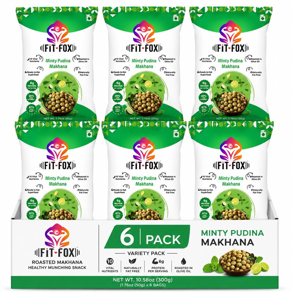FIT FOX Minty Pudina Makhana, Pack of 6 (50g Each) | Roasted Fox Nuts (Lotus Seeds) | Refreshing Mint Flavor | Roasted in Olive Oil | Gluten-Free, Vegan, Plant-Based Healthy Snack. Flavour Variety Available in 12 delicious flavors.