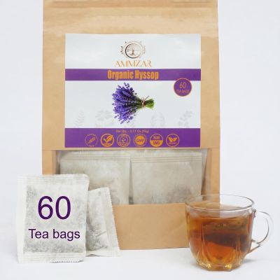 AMMZAR Organic Hyssop Tea 60 Count, 1.5g Each | Dried Hyssop Herb Non-GMO, Caffeine Free, Hyssopus officinalis L. | Supports Respiratory & Digestive Health in Eco Friendly Resealable Pouch