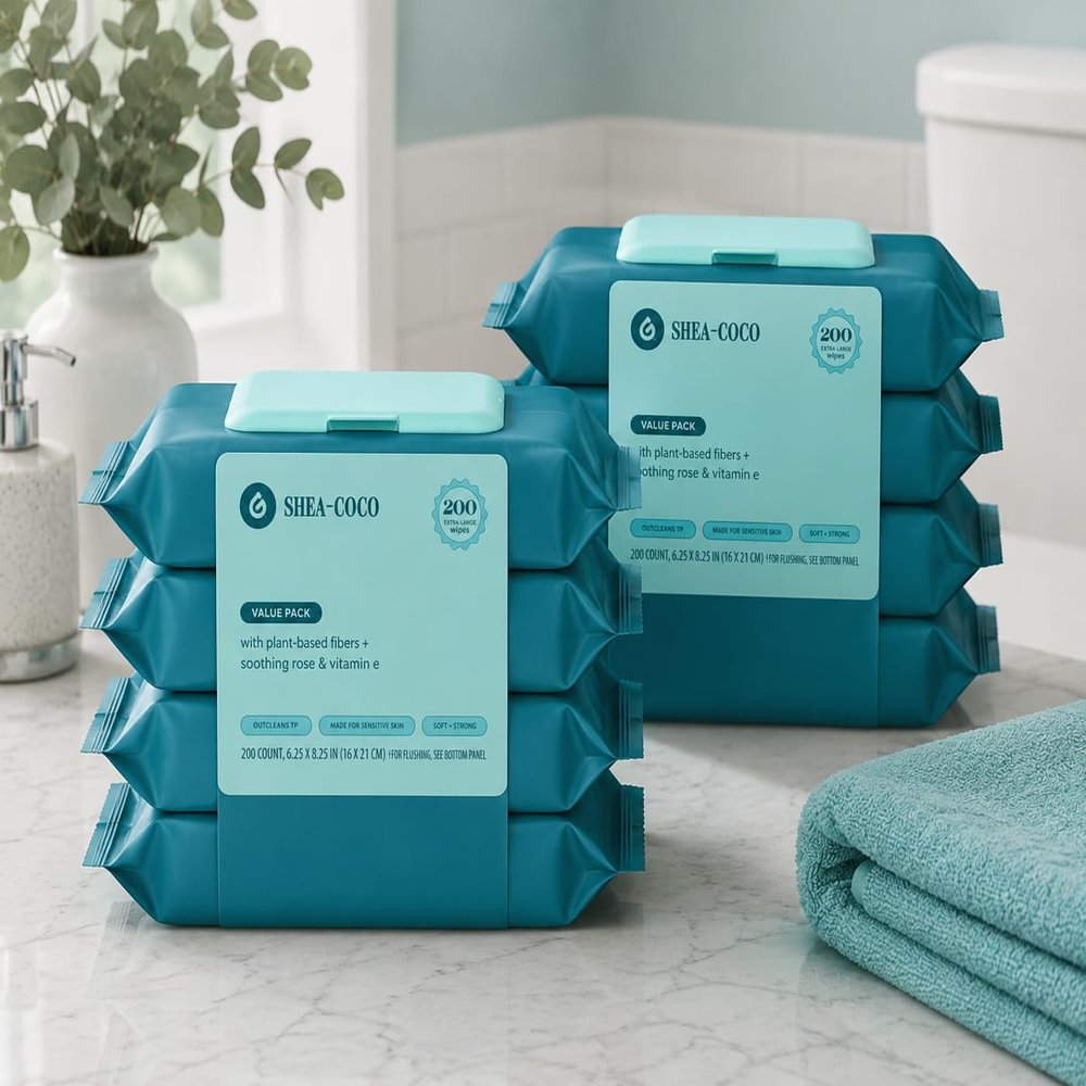 Personal Wipes Bundle Shea-Coco, 400 Total Wipes, 8 Resealable Packs, Extra Large Wet Wipes