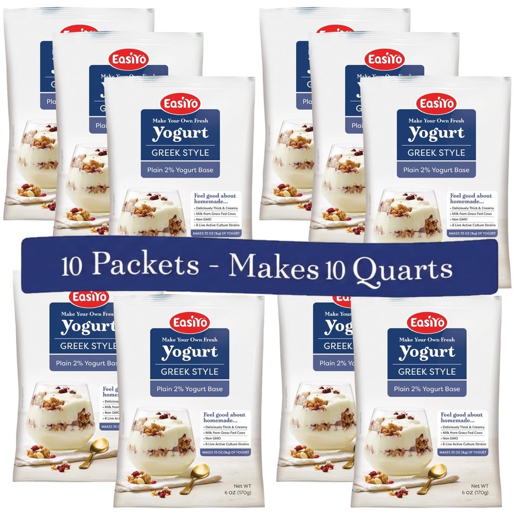 EasiYo Greek Style Plain 2% Yogurt Base (10-pack, 70 Servings) with Live Cultures | Easy & Fresh Homemade Yogurt | Use with EasiYo Maker | New Zealand Milk from Grass Fed Cows