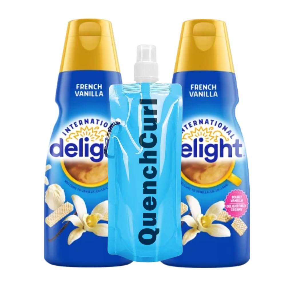 Delight Bundle: Liquid Coffee Creamer 2 Pack (32 fl oz) with Quenchcurl Collapsible Travel Bottle Smooth & Creamy Coffee Creamer for Home, Office, and On-the-Go Non-Dairy Liquid Creamer Set - French Vanilla
