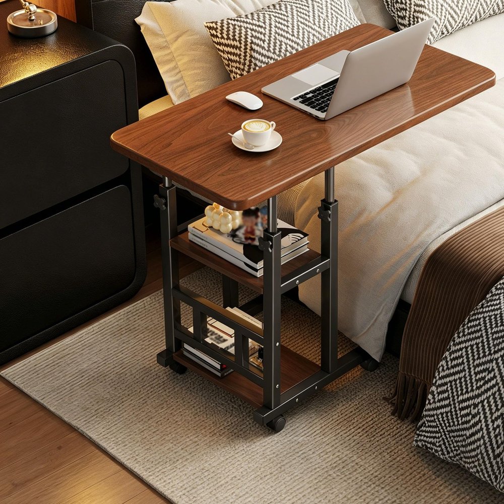 REBHNOH C-Shaped Mobile Bedside Table/Laptop Desk/Writing Desk, Features Dual Layer Storage Shelves and Swivel Casters Ideal for Dining, Working, and Writing Walnut 80cmx40cm/31.4inx15.7in