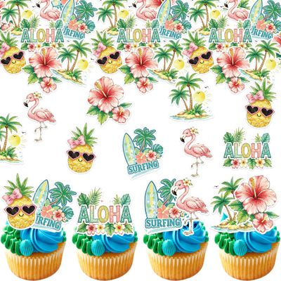 60 PCS Edible Tropical Aloha Luau Cupcake Toppers Palm Tree Hibiscus Flower Flamingo Pineapple Surfboard Cupcake Picks for Summer Hawaiian Theme Tropical Luau Birthday Party Cake Decorations Supplies