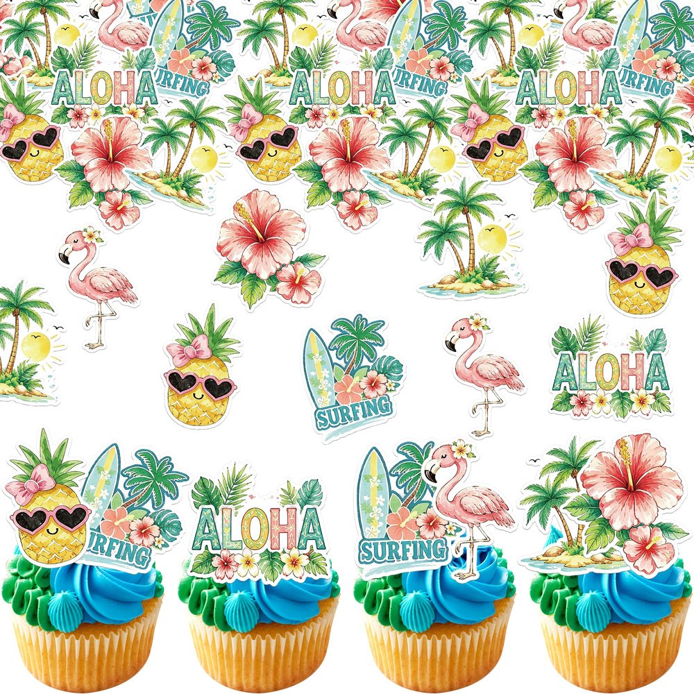 60 PCS Edible Tropical Aloha Luau Cupcake Toppers Palm Tree Hibiscus Flower Flamingo Pineapple Surfboard Cupcake Picks for Summer Hawaiian Theme Tropical Luau Birthday Party Cake Decorations Supplies