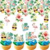 60 PCS Edible Tropical Aloha Luau Cupcake Toppers Palm Tree Hibiscus Flower Flamingo Pineapple Surfboard Cupcake Picks for Summer Hawaiian Theme Tropical Luau Birthday Party Cake Decorations Supplies view 1