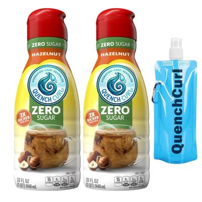 Liquid Coffee Creamer 2 Pack (32 fl oz) with Quenchcurl Collapsible Travel Bottle Smooth & Creamy Coffee Creamer for Home, Office, and On-the-Go Non-Dairy Liquid Creamer Set - Hazelnut Sugar-free