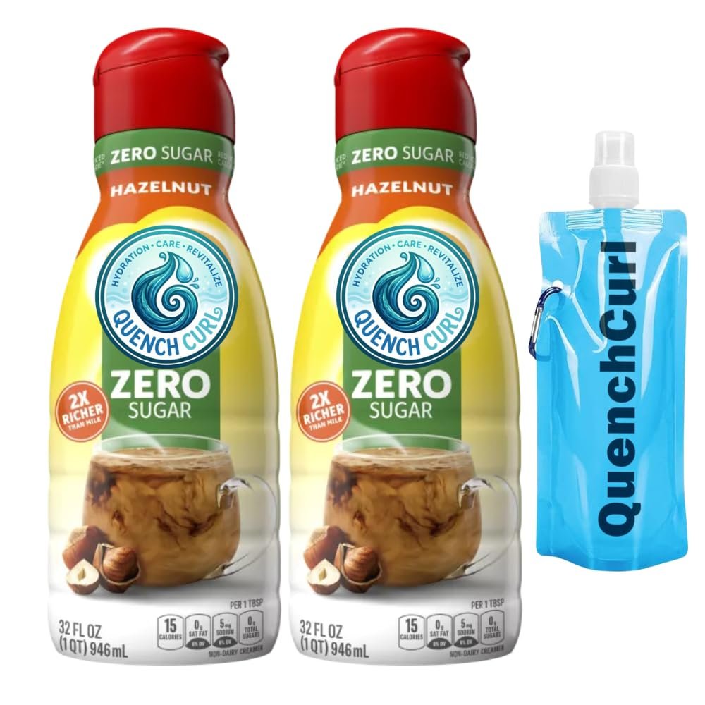Liquid Coffee Creamer 2 Pack (32 fl oz) with Quenchcurl Collapsible Travel Bottle Smooth & Creamy Coffee Creamer for Home, Office, and On-the-Go Non-Dairy Liquid Creamer Set - Hazelnut Sugar-free
