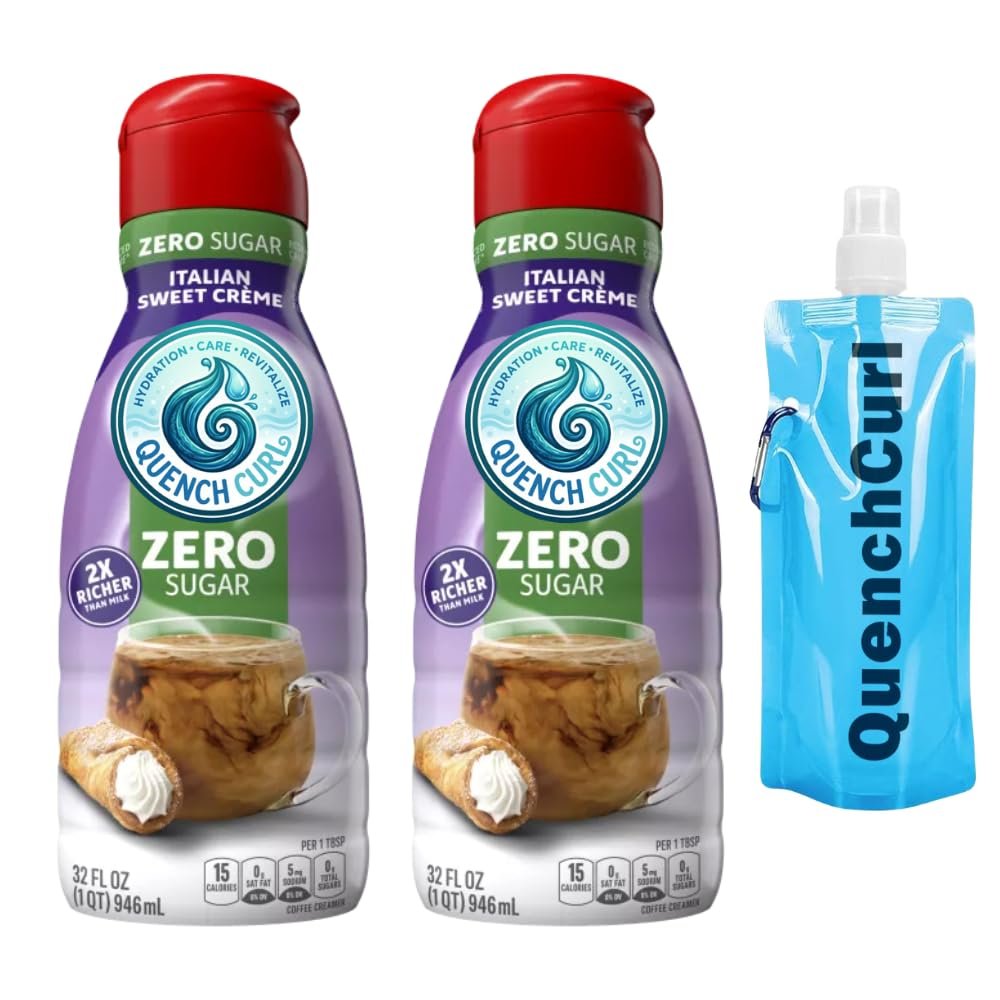 Liquid Coffee Creamer 2 Pack (32 fl oz) with Quenchcurl Collapsible Travel Bottle Smooth & Creamy Coffee Creamer for Home, Office, and On-the-Go Non-Dairy Liquid Creamer Set - Italian Sweet Cream Sugar-free