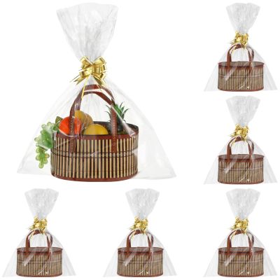 6 Set Empty Gift Baskets with Handles, Woven Storage Basket Kit, Clear Bags, Bows, Cards Included, Bulk Wrapping Baskets for Birthday, Shower, Housewarming, Holiday