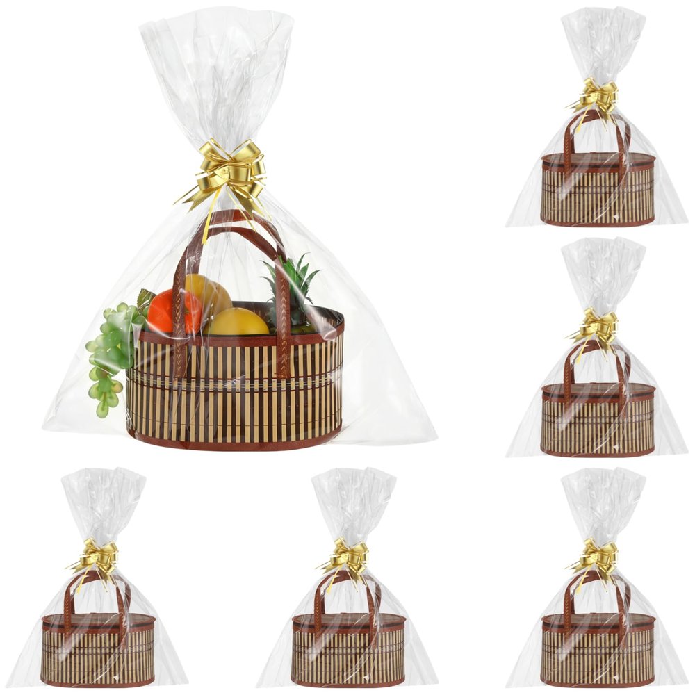 6 Set Empty Gift Baskets with Handles, Woven Storage Basket Kit, Clear Bags, Bows, Cards Included, Bulk Wrapping Baskets for Birthday, Shower, Housewarming, Holiday