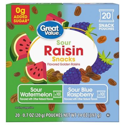 Great Value Sour Raisin Snacks Watermelon & Blue Raspberry 20ct