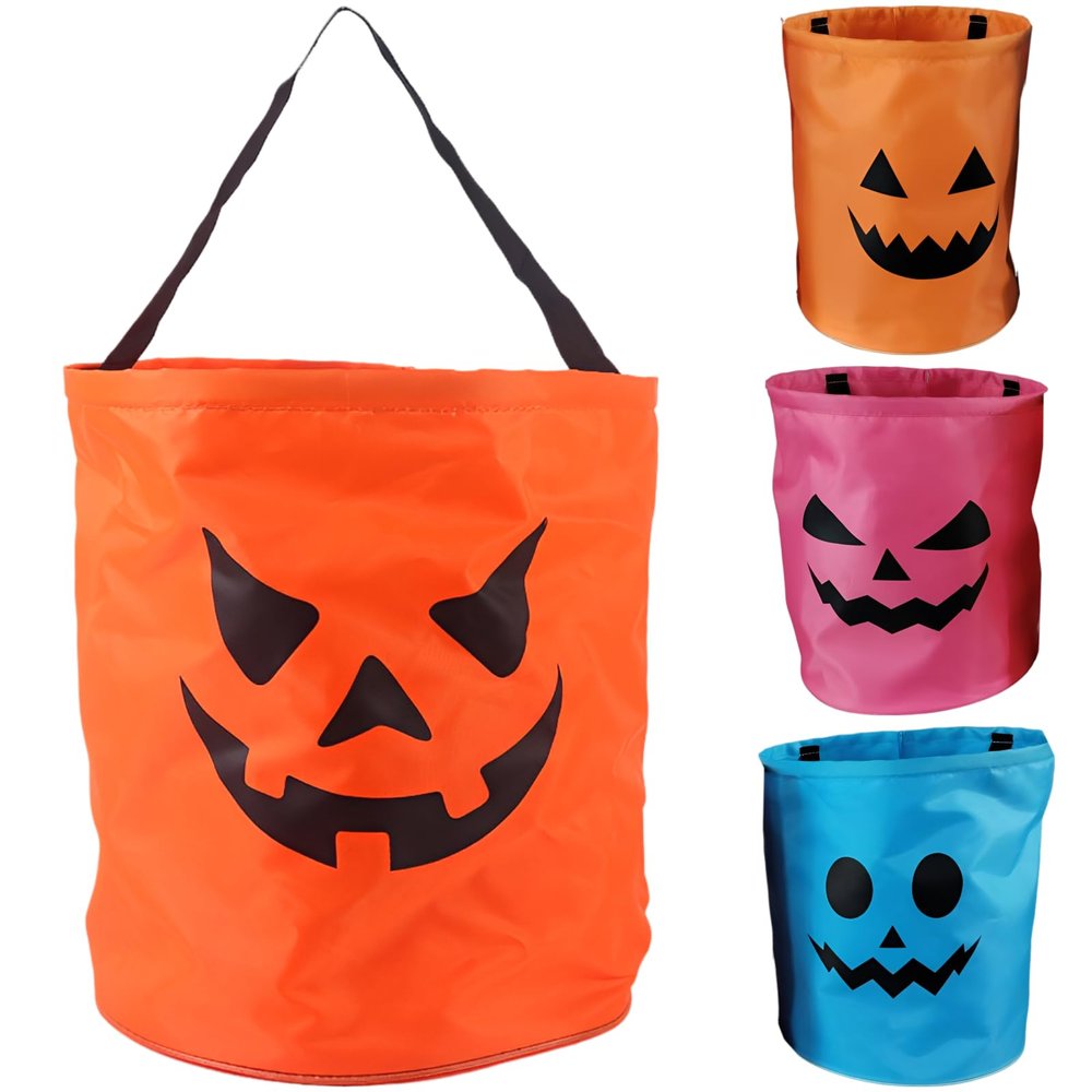 Deskium 4 Pcs Halloween Pumpkin Candy Bags with Lights, LED Trick or Treat Buckets, Reusable Polyester Tote for Party Favors, Present Bags, 10.0 x 11.8 in, Red Orange Violet Blue