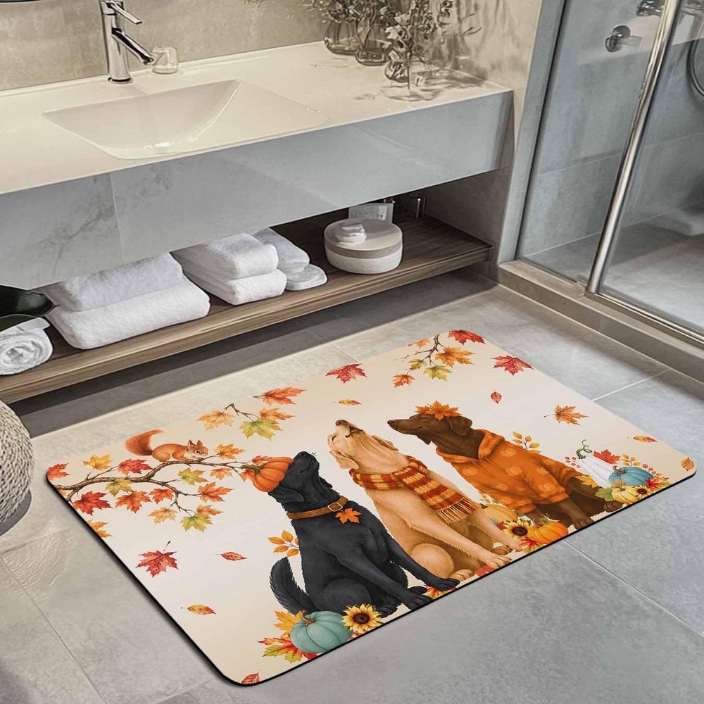Litter Star Thanksgiving Dogs Maple Leaf Bathroom Rug Diatomaceous Earth Bath Mat,Absorbent Shower Mat Non-Slip Doormat for Kitchen Bedroom, Fall Squirrel Pumpkin Flower Diatomite Stone Mats 24x36in