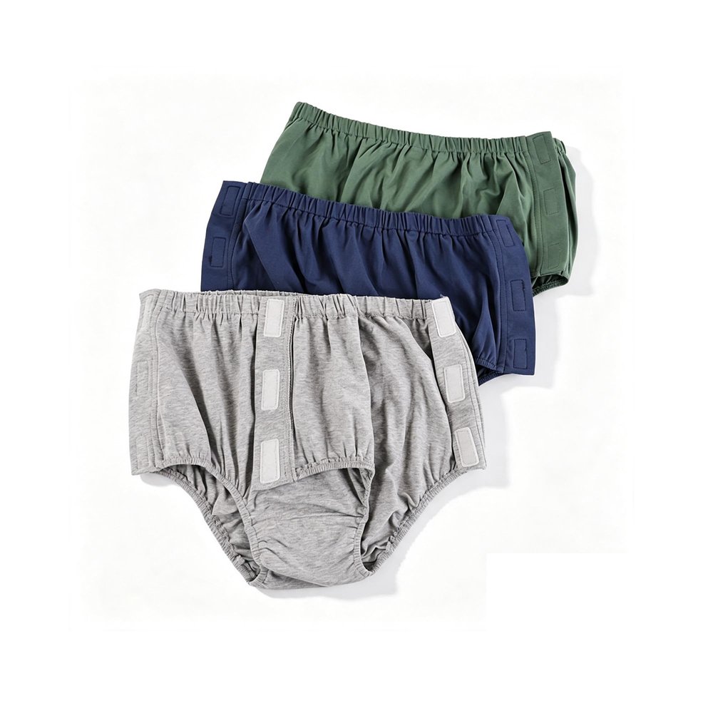 WYQYFJYFA 3 Pack Post Surgery Adaptive Underwear, Reusable Stick-on Briefs for Men,Sides Open with Hook and Loop,Washable (Green/Blue/Gray XL)